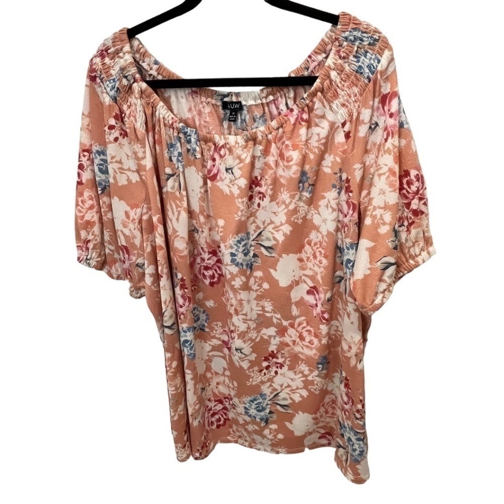 AUW Plus Size Off Shoulder Smocked Shoulder Balloon Sleeve Coral Floral Top 3X